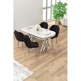 Canisa Zae Serisi 90X168 Lak Panel Beyaz Mermer Desen Krom Ayak Masa Takımı 4 Siyah Sandalye