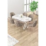 Canisa Zae Serisi 90x168 Lak Panel Beyaz Mermer Desen Krom Ayak Masa Takımı 6 Cappucino Sandalye