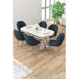 Canisa Zae Serisi 90X168 Lak Panel Beyaz Mermer Desen Krom Ayak Masa Takımı 6 Sandalye - Antrasit