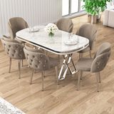 Canisa Zae Serisi 90X168 Lak Panel Beyaz Mermer Desen Krom Ayak Masa Takımı 6 Sandalye - Cappuccino