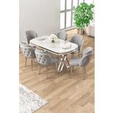 Canisa Zae Serisi 90X168 Lak Panel Beyaz Mermer Desen Krom Ayak Masa Takımı 6 Sandalye - Gri