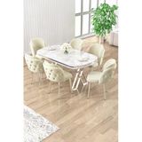 Canisa Zae Serisi 90x168 Lak Panel Beyaz Mermer Masa Krom Ayak Masa Takımı Ve 6 Krem Sandalye