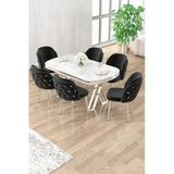 Canisa Zae Serisi 90x168 Lak Panel Beyaz Mermer Masa Krom Ayak Masa Takımı Ve 6 Siyah Sandalye
