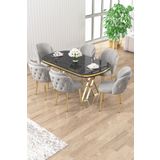 Canisa Zae Serisi 90x168 Lak Panel Siyah Mermer Desen Gold Ayak Masa Takımı 6 Gri Sandalye