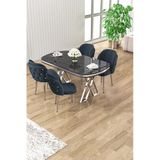 Canisa Zae Serisi 90X168 Lak Panel Siyah Mermer Desen Krom Ayak Masa Takımı 4 Antrasit Sandalye