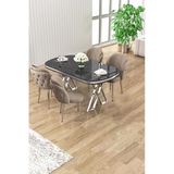 Canisa Zae Serisi 90X168 Lak Panel Siyah Mermer Desen Krom Ayak Masa Takımı 4 Cappucino Sandalye