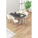 Canisa Zae Serisi 90X168 Lak Panel Siyah Mermer Desen Krom Ayak Masa Takımı 4 Krem Sandalye