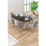 Canisa Zae Serisi 90x168 Lak Panel Siyah Mermer Desen Masa Takımı Krom Ayaklı 6 Gri Sandalye