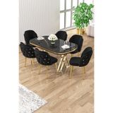 Canisa Zae Serisi Yemek Odası Takımı, 90x168 cm, Siyah Mermer Desen Masa, 6 Siyah Sandalye, Gold Ayaklar