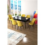 Canisa Zen Serisi 80x132 cm Açılabilir Siyah Mermer Desen Masa Takımı, 6 Hardal Sarısı Sandalye