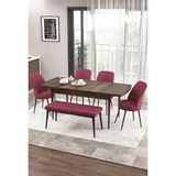 Canisa Zen Serisi Barok Ahşap Desen MDF 80x132 cm Açılabilir 4 Sandalye 1 Pera Bench Bordo Mutfak Masa Takımı