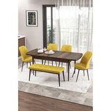Canisa Zen Serisi Barok Ahşap Desen MDF 80x132 cm Açılabilir 4 Sandalye 1 Pera Bench Hardal Mutfak Masa Takımı