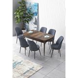 Canisa Zen Serisi Barok Ahşap Desen MDF 80x132 cm Açılabilir 6 Sandalye Füme Mutfak Masa Takımı