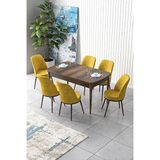 Canisa Zen Serisi Barok Ahşap Desen MDF 80x132 cm Açılabilir 6 Sandalye Hardal Mutfak Masa Takımı