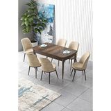Canisa Zen Serisi Barok Ahşap Desen MDF 80x132 cm Açılabilir 6 Sandalye Krem Mutfak Masa Takımı