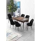 Canisa Zen Serisi Barok Ahşap Desen MDF 80x132 cm Açılabilir 6 Sandalye Siyah Mutfak Masa Takımı