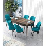 Canisa Zen Serisi Barok Ahşap Desen MDF 80x132 cm Açılabilir 6 Sandalye Turkuaz Mutfak Masa Takımı