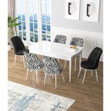 Canisa Zen Serisi Beyaz Masa MDF 80x132 cm Açılabilir 2 Siyah 4 Zebra Desen Sandalye Mutfak Masa Takımı