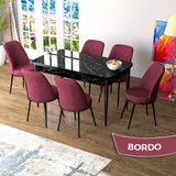 Canisa Zen Serisi Siyah Mermer Desen MDF 80x132 Açılabilir Mutfak Masası Takımı Bordo 6 Sandalye
