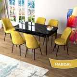 Canisa Zen Serisi Siyah Mermer Desen MDF 80x132 Açılabilir Mutfak Masası Takımı Hardal 6 Sandalye