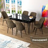 Canisa Zen Serisi Siyah Mermer Desen MDF 80x132 Açılabilir Mutfak Masası Takımı Kahverengi 6 Sandalye