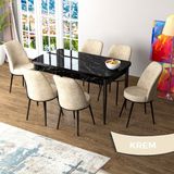 Canisa Zen Serisi Siyah Mermer Desen MDF 80x132 Açılabilir Mutfak Masası Takımı Krem 6 Sandalye