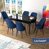 Canisa Zen Serisi Siyah Mermer Desen MDF 80x132 Açılabilir Mutfak Masası Takımı Lacivert 6 Sandalye