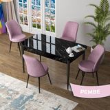 Canisa Zen Serisi Siyah Mermer Desen MDF 80x132 Açılabilir Mutfak Masası Takımı Pembe 4 Sandalye