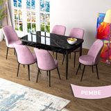 Canisa Zen Serisi Siyah Mermer Desen MDF 80x132 Açılabilir Mutfak Masası Takımı Pembe 6 Sandalye