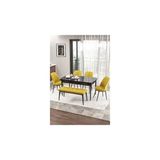 Canisa Zen Serisi Siyah Mermer Desen MDF 80x132 cm Açılabilir 4 Sandalye 1 Pera Bench Hardal Mutfak Masa Takımı
