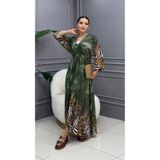 Cannes Julia Egzotik Desenli Dökümlü Yazlık V Yaka Haki Elbise