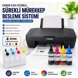 Canon E414 Çok Fonksiyonlu Yazıcı + Bitmeyen Kartuş Sistemi + 4X100 ml Mürekkep Seti + USB Kablo | Yazıcı, Tarayıcı, Fotokopi | Ev ve Ofis Kullanımı " Wifi Özelliğiyoktur - Siyah