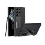 Canpay Samsung Galaxy S22 Ultra Uyumlu Kılıf Karbon Fiber ve Suni Deri Görünümlü Standlı Kapak Siyah Litchi