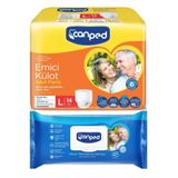 Canped Emici Külot Pants Hasta Yetişkin Bezi L, 14 Adet, Temizleme Havlusu 48 Yaprak, 2'li Set