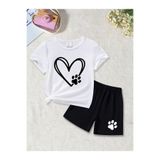 Cans Yazlık Kalpli Pati Baskılı Kız Çocuk Siyah Şort, Beyaz T-Shirt Takım