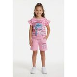 Cansın Mini Açık Pembe Çizgili Karakter Baskılı Fırfırlı Kız Çocuk Şortlu 2li Takım 23958 - 3 - 4 Yaş