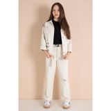Cansın Mini Bej Yazı Detaylı Gömlekli Kız Çocuk Pantolonlu Gabardin Takım 23565 - 9 - 10 Yaş