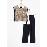 Cansın Mini Beyaz Leopar Desenli Süveterli Badili Kız Çocuk Pantolonlu 3lü Takım 20690 - 4 - 5 Yaş