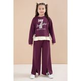 Cansın Mini Bordo Yırtmaçlı Pantolonlu Fiyonklu Yazılı Badili Kız Çocuk 2li Takım 23597 - 5 - 6 Yaş