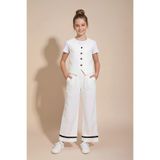 Cansın Mini Ekru Düğmeli Keten Yelekli Geniş Paça Pantolonlu Kız Çocuk Takım 23490