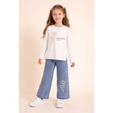 Cansın Mini Ekru Gül Nakışlı Badili Jean Pantolonlu Kız Çocuk 2li Takım 23749