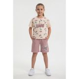 Cansın Mini Gül Kurusu Kiraz Desenli Love Yazılı Tişörtlü Kız Çocuk Şortlu Takım 23899 - 4 - 5 Yaş