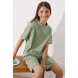 Cansın Mini Haki Oversize Tişörtlü Çımalı Kız Çocuk Şortlu Takım 18906 - 5 - 6 Yaş