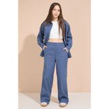 Cansın Mini Indigo Kalp Işlemeli Gömlekli Geniş Paça Pantolonlu Kız Çocuk Gabardin Takım 23555 - 8 - 9 Yaş