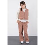 Cansın Mini Kahve Çizgi Desenli Yelekli Geniş Paça Pantolonlu Kız Çocuk Badili 3lü Takım 20492 - Kahverengi - 10 - 11 Yaş