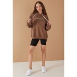 Cansın Mini Kahverengi Baskılı Kız Çocuk Şeritli Kapüşonlu Sweatshirt 19221 - 8 - 9 Yaş