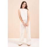 Cansın Mini Krem Geniş Paça Pantolonlu Kız Çocuk Keten Croplu Takım 23448