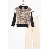 Cansın Mini Krem Leopar Desenli Süveterli Badili Kız Çocuk Pantolonlu 3lü Takım 20665 - 4 - 5 Yaş