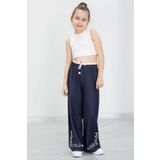Cansın Mini Lacivert Paçası Nakış Detaylı Kız Çocuk Geniş Paça Pantolon 20489