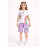 Cansın Mini Lila Unicorn Baskılı Simli Kız Çocuk Tişörtlü Şortlu Takım 23795